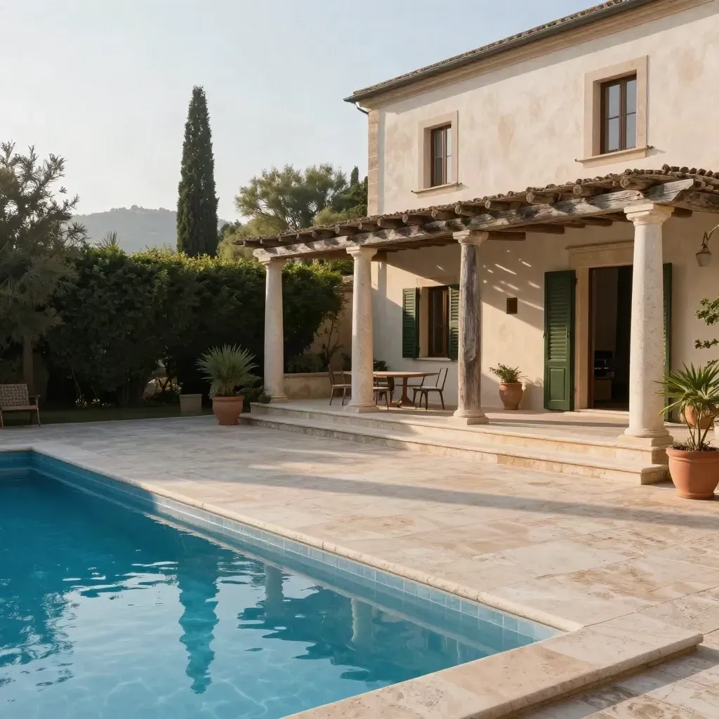 Cortile di villa pugliese con piscina ferma, pergolato ombreggiato e terrazza in pietra.