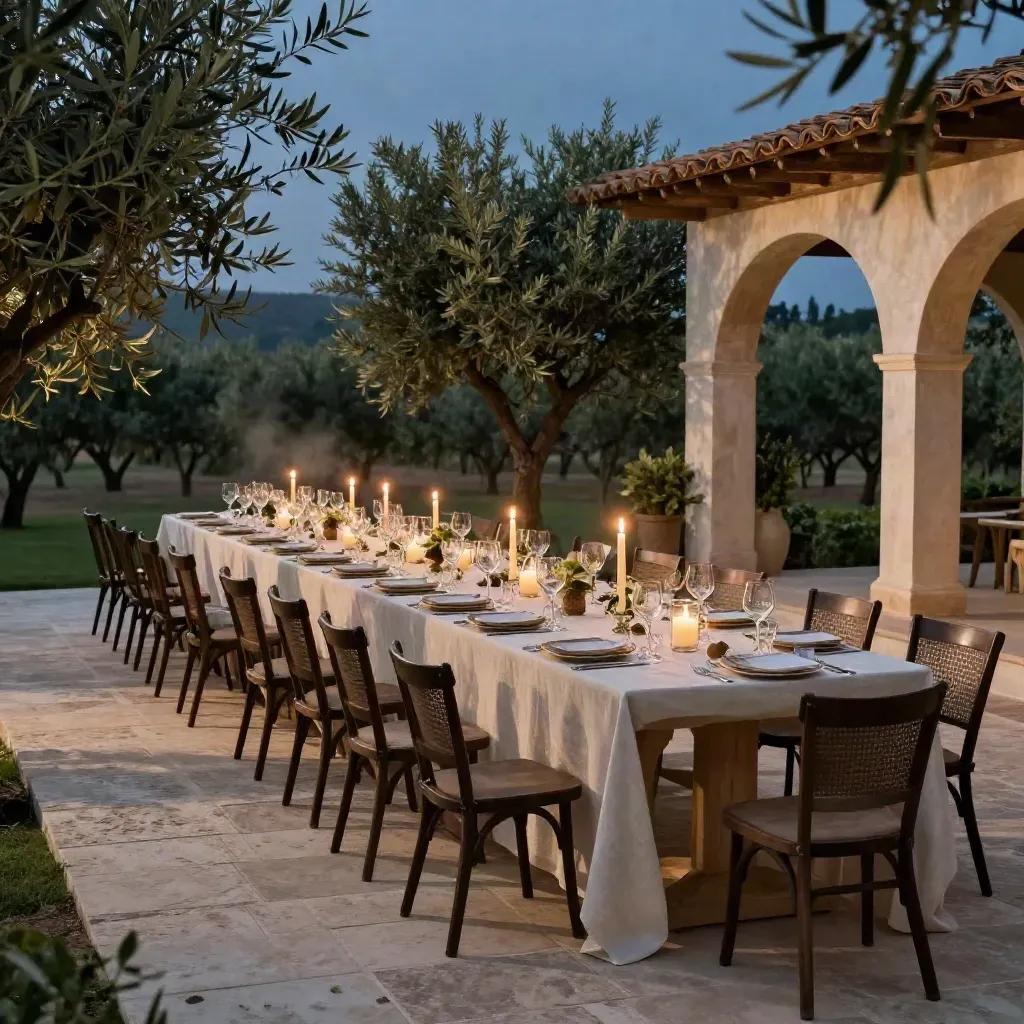 Terrazza tra gli ulivi con tavolo apparecchiato e pergolato ad arco al tramonto