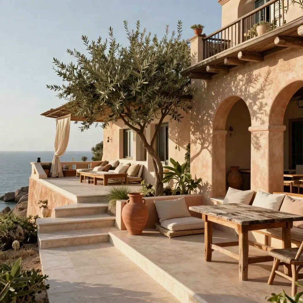 Tre ville con terrazze diverse: mare, giardino e cortile, in luce costiera calda.