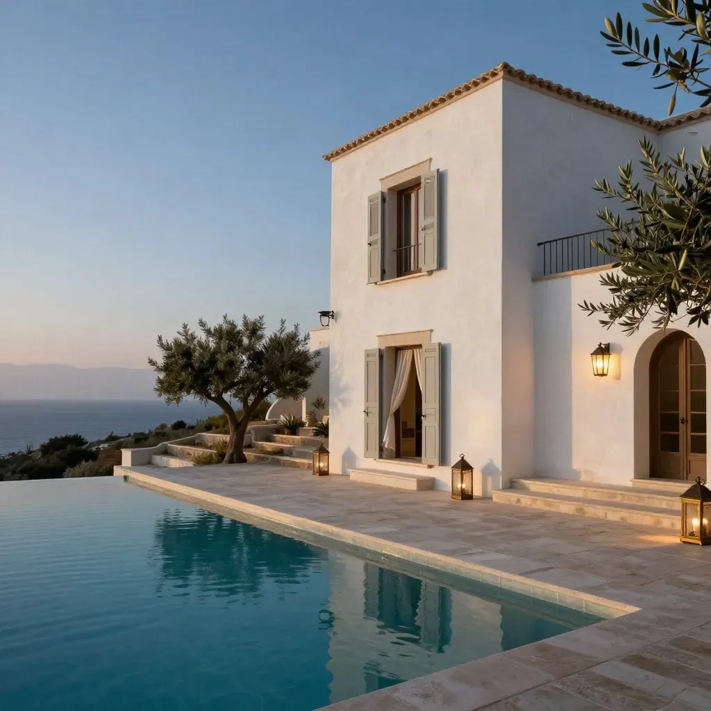 Villa mediterranea bianca con piscina a sfioro, ulivi e luci blu dell’ora blu al tramonto