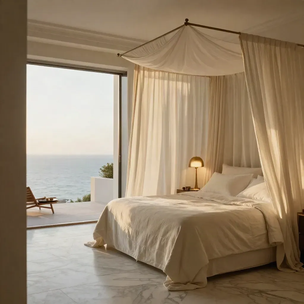 Suite di lusso in villa con letto a baldacchino, marmo e luce sul mare.