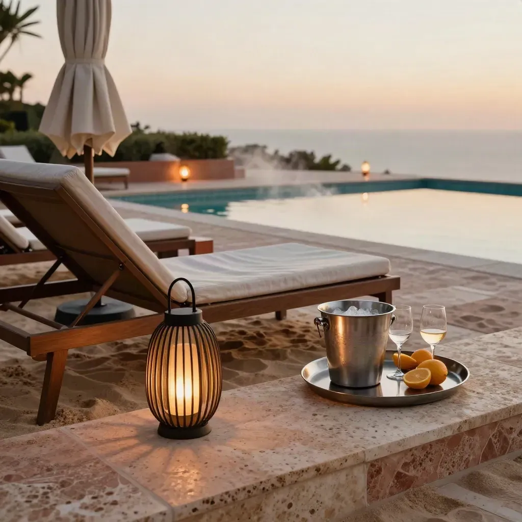 Terrazza a bordo piscina con lettino, ombrellone chiuso, lanterna e tavolo aperitivo al tramonto.