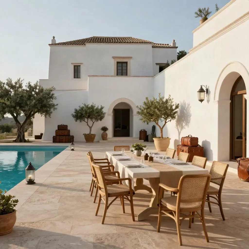 Masseria pugliese con tavolo per 14, bagagli all’ingresso e terrazza piscina pronta