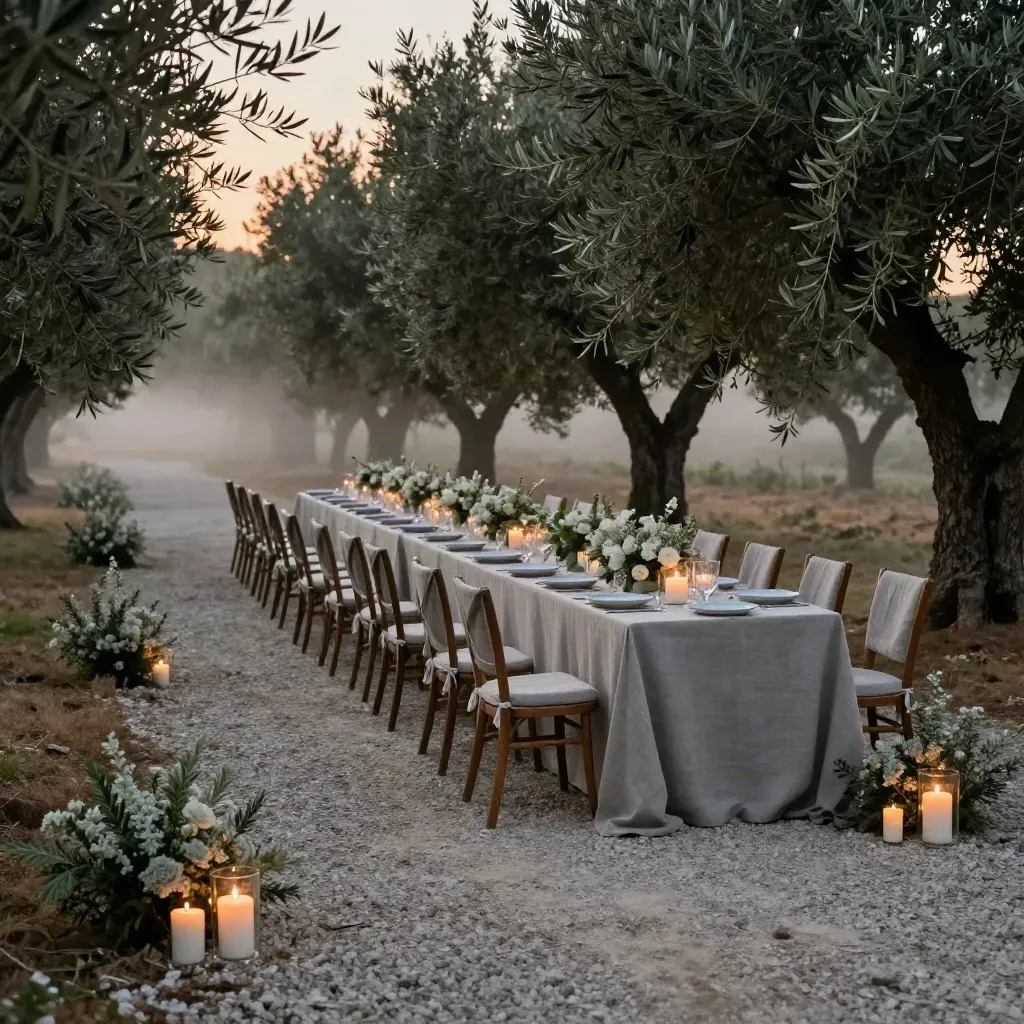 Ala del matrimonio tra ulivi con sedie in lino, candele e tavolo apparecchiato al tramonto