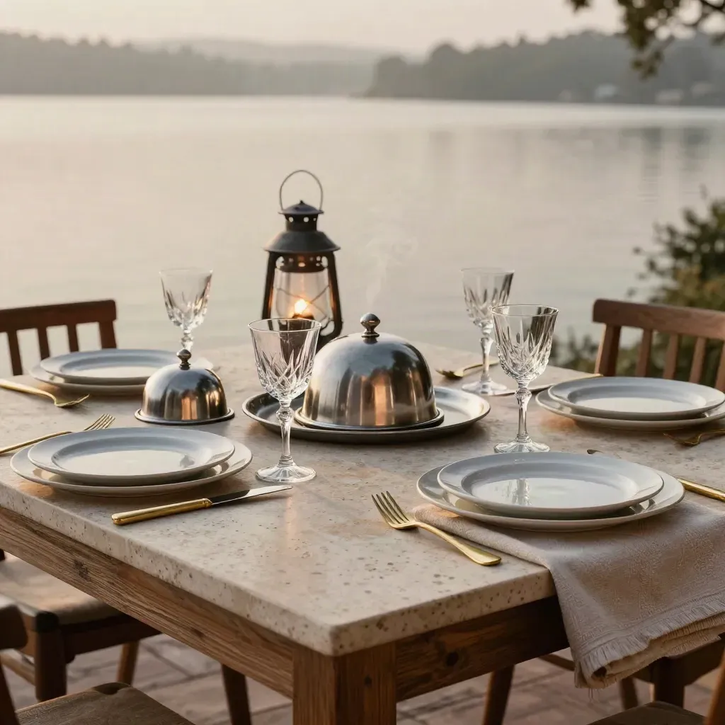 Tavolo per cena privata sul lago con cloches, calici e piatti pronti al rientro.