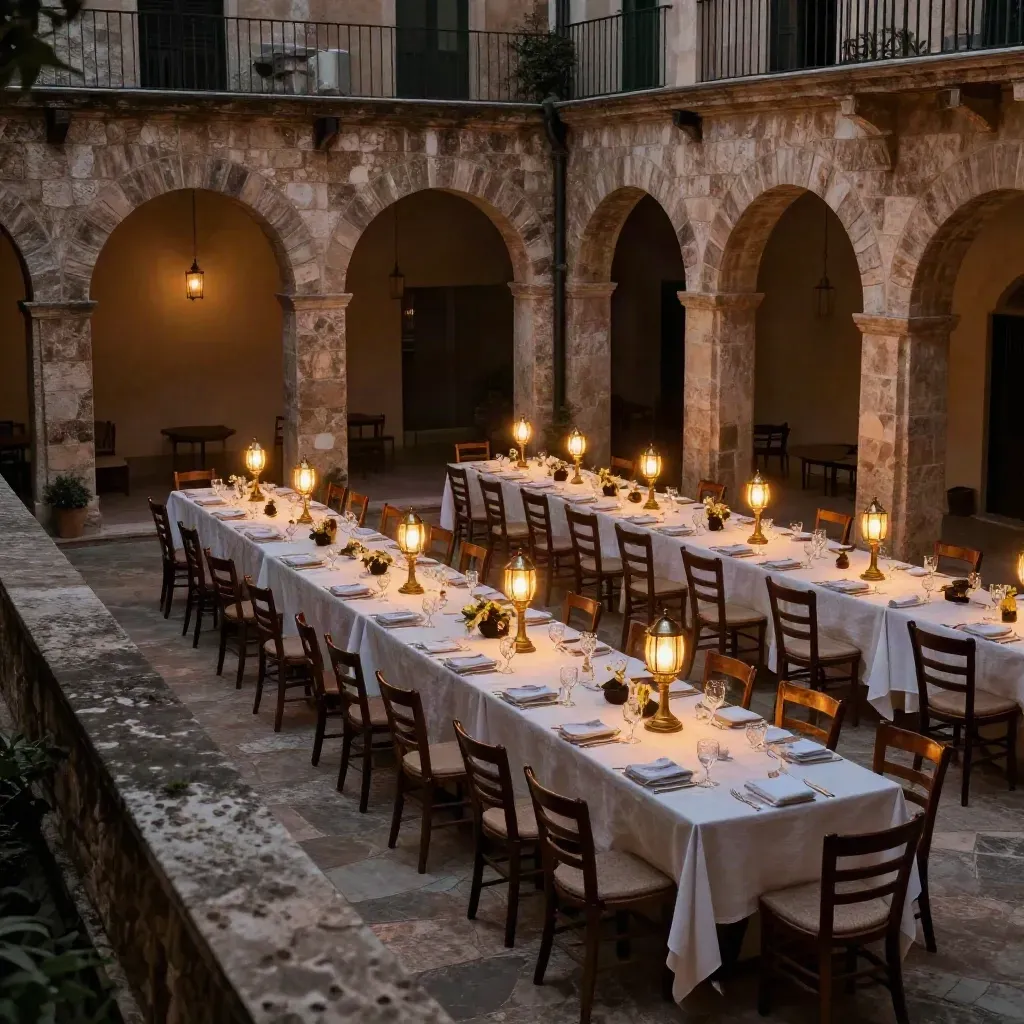 Cortile siciliano allestito per una cena aziendale, con tavoli, lanterne e archi illuminati.