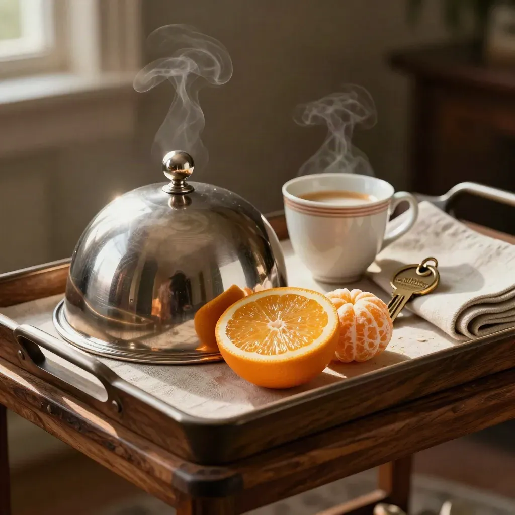 Vassoio colazione con cloche d’argento, agrumi, tazza in ceramica e chiavi della villa.