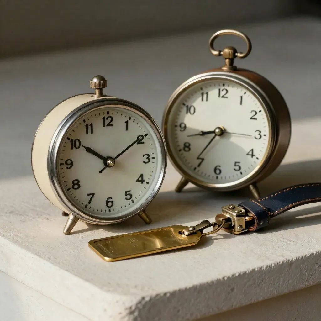 Due orologi da viaggio vintage, targhetta in ottone e chiusura valigia su fondo plaster chiaro.