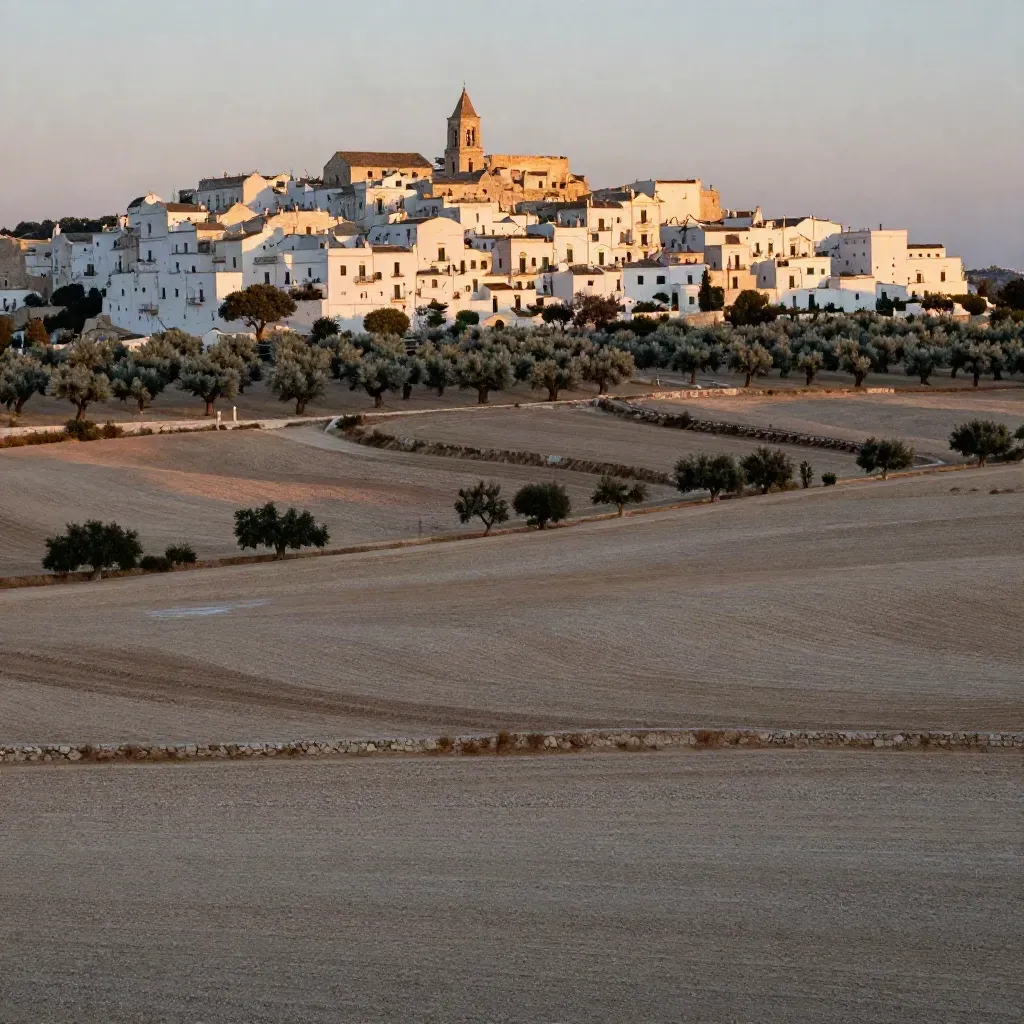 Ostuni al tramonto sopra uliveti e terrazze di pietra, con luce calda e foschia.