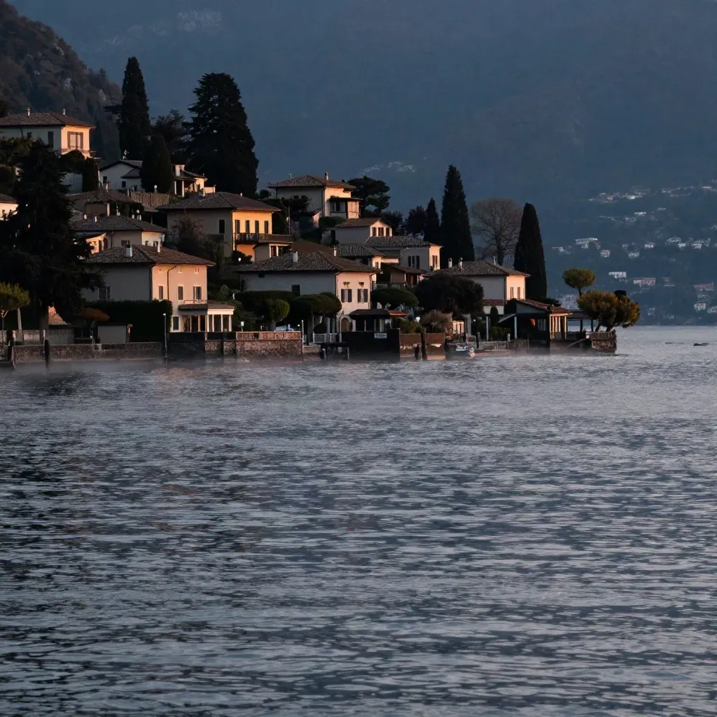 Il Lago di Como al tramonto con ville sulla riva e lago avvolto nella foschia